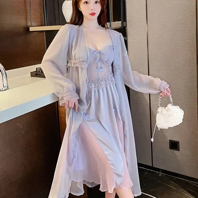 Sexy longue mariage Twinset Robe ensemble chemise de nuit Patchwork dentelle jarretelle