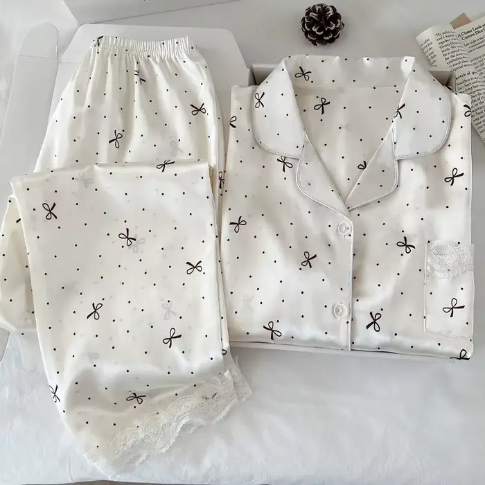 Nouveau Style coréen élégant jeunes dames pyjamas été nouveauté à manches courtes à pois nœud glace soie pyjama