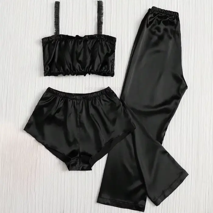 Ensemble pyjama en Satin plissé de couleur noire