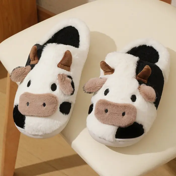 Pantoufles d'hiver pour Couples, pantoufles chaudes en peluche neutre de vache de dessin animé, pant
