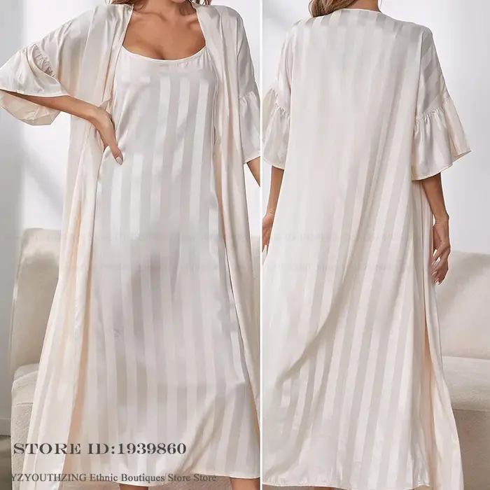 Élégant femme longue Robe chemise de nuit ensemble vêtements de détente rose rayure soie Satin Kimono peignoir