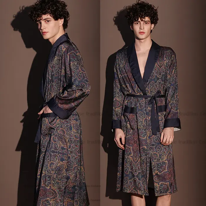 Robe en Satin pour hommes, vêtements de nuit imprimés, vêtements de maison, Kimono ample, vêtements de nuit en soie glacée, peignoir à revers, poche, vêtements de détente, nouvelle collection été prin