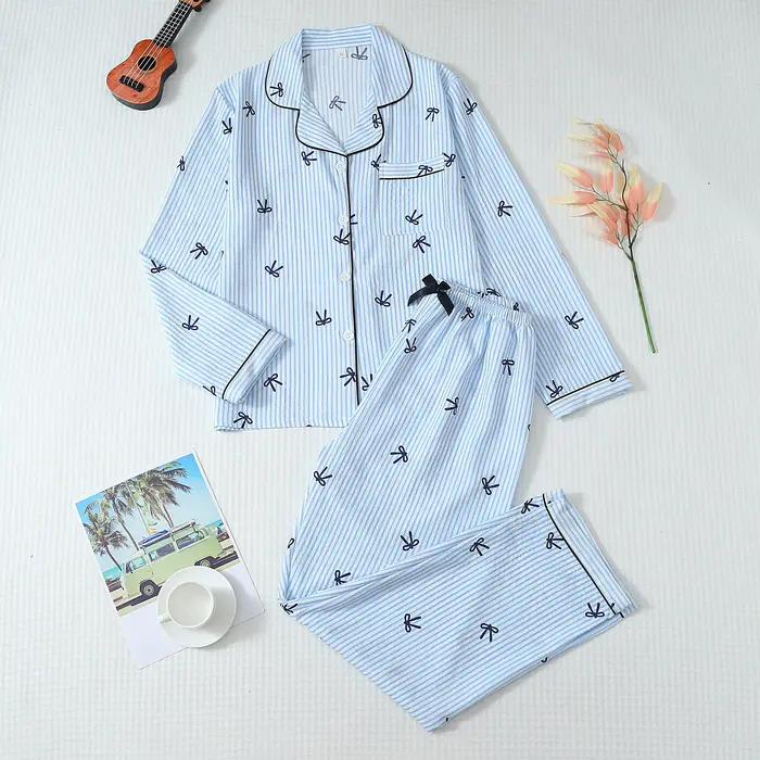Ensemble pyjama imprimé nœud rayé bleu et blanc pour femme, chemise boutonnée à manches longues et p