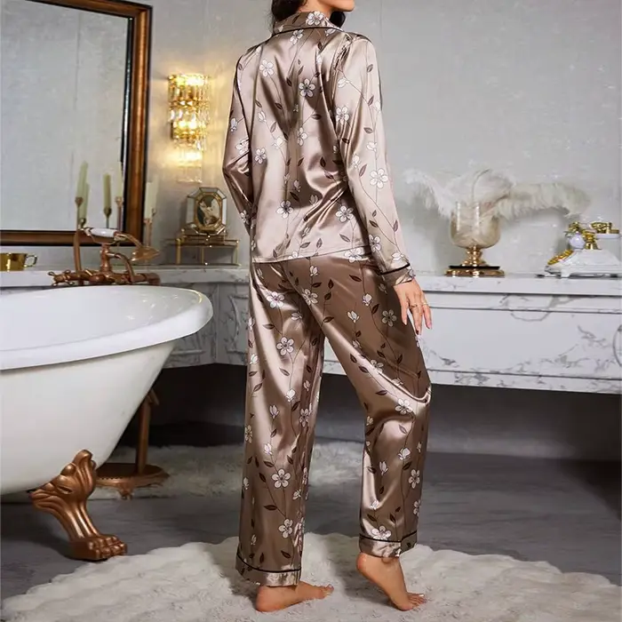 Ensemble pyjama en Satin à imprimé Floral pour femmes