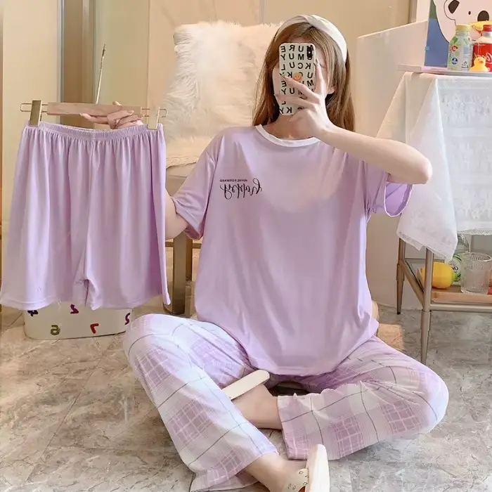 Pyjama trois pièces d'été pour femmes, vêtements de maison, pantalon à manches courtes, dessin animé