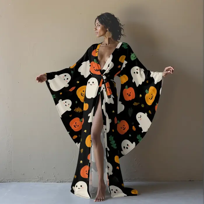 Peignoir Kimono Sexy pour femmes, imprimé citrouille chauve-souris, manches longues, ouvert sur le d