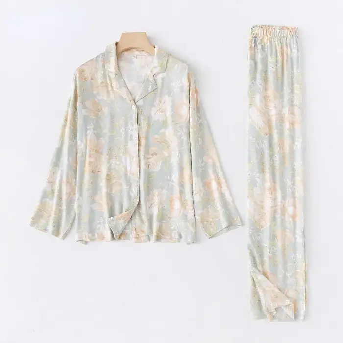 Ensembles de pyjamas à manches longues College de fleurs vertes en viscose fraîche pour femmes, vête