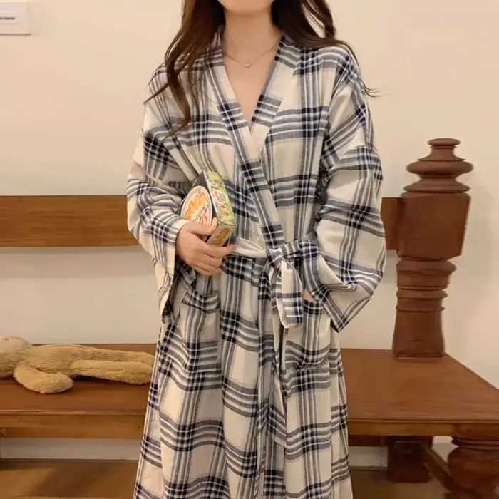 Robe de chambre pour femmes printemps-été, peignoir, robe ample à carreaux simple pour femmes, chemi