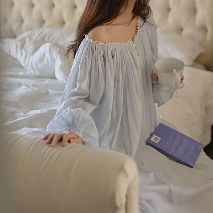 Princesse bleu frais Vintage longue chemise de nuit 100% coton col rond manches longues
