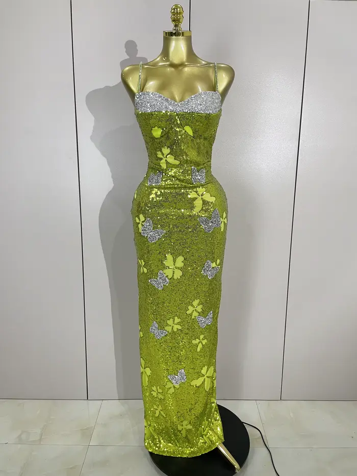 Élégant brillant papillon cristal Sexy licou vert moulante longue robe femmes célébrer soirée fête d