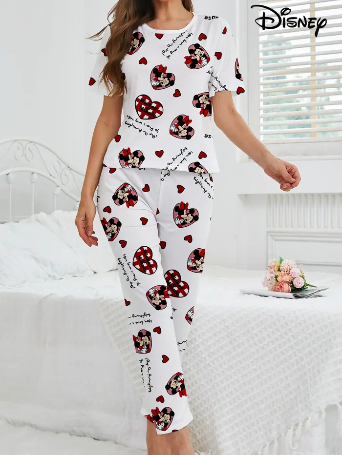 Ensemble 2 pièces pour femmes, pyjama à motif d'amour de dessin animé Disney Mickey et Minnie, vêtem