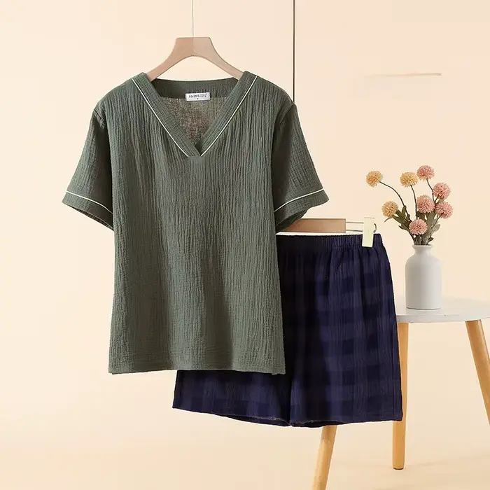 Pyjama en gaze de coton pour femmes, col en v, manches courtes, short, ample, décontracté, vêtements de maison, été, 2025