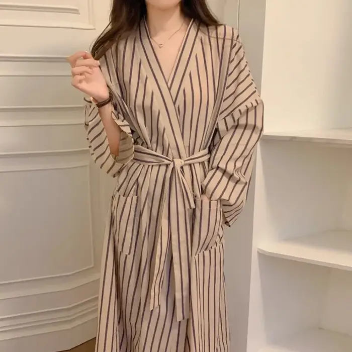 Peignoir pour femme : Robe kimono rayée à manches longues toutes saisons – Pyjama et vêtements de détente amples