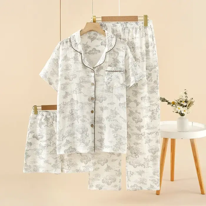 Pyjama d'été 3 pièces en coton pour femmes, haut à manches courtes + short fj+, vêtements de maison, pansement fin, peinture à l'encre trempée