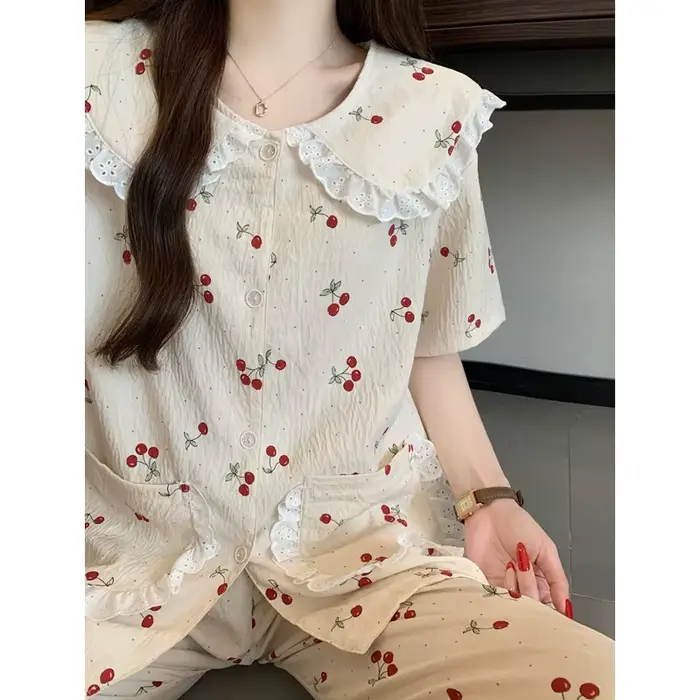 Ensemble de pyjama 2 pièces pour femmes à imprimé cerise pour l'été, vêtements de détente décontractés à manches courtes, vêtements de maison, mode coréenne, pyjama mignon et élégant