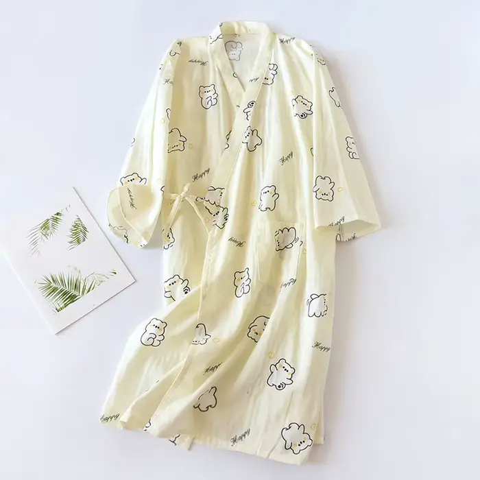 Kimono Femme Printemps/Été 2026 – Pyjama Long en Gaze 100% Coton Imprimé, Robe de Nuit, Yukata SPA, 