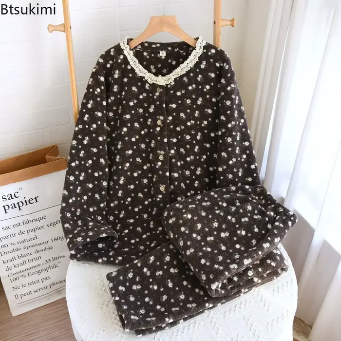 Pyjama deux pièces en flanelle épaisse pour femme, vêtements de maison, motif Floral, vêtements de nuit doux, manches longues, ensemble pour dames, nouvelle collection automne