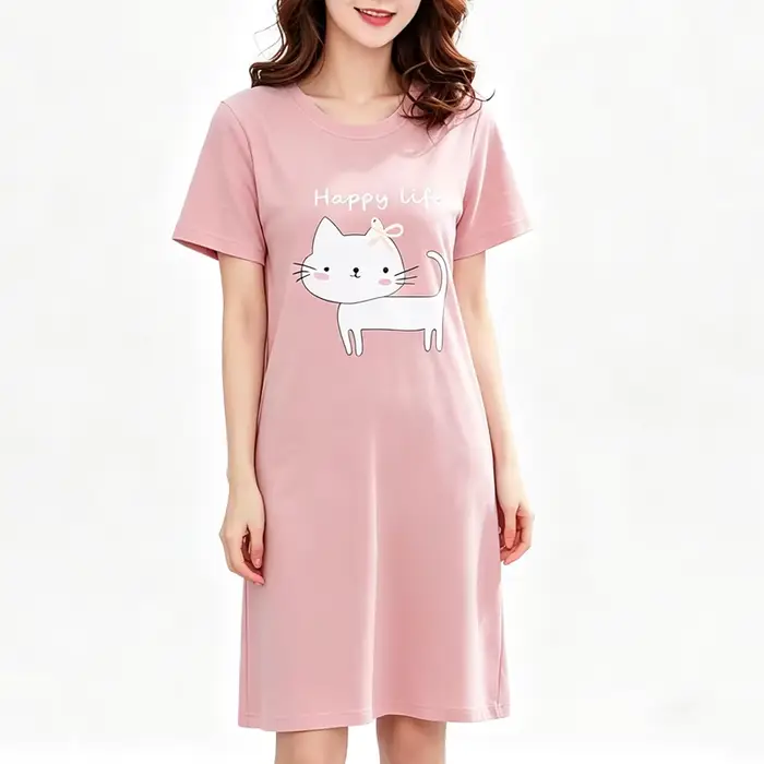 Pyjama Femme Mignon Chat – Robe de Nuit Tendance Été – Vêtement de Nuit Dessin Animé Grande Taille