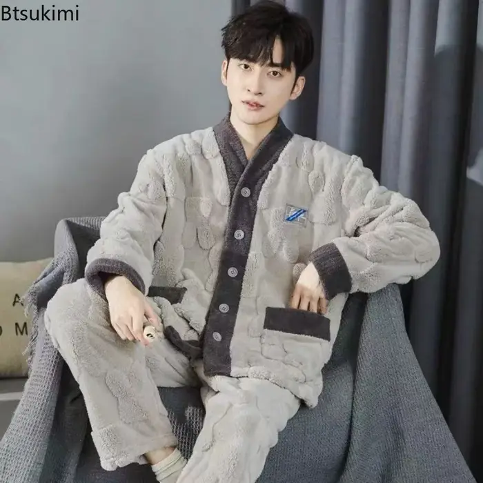 2025 pyjama en flanelle pour hommes deux pièces mode bouton col en v épaissir chaud maison costume doux vêtements de détente hiver mâle tenue de nuit