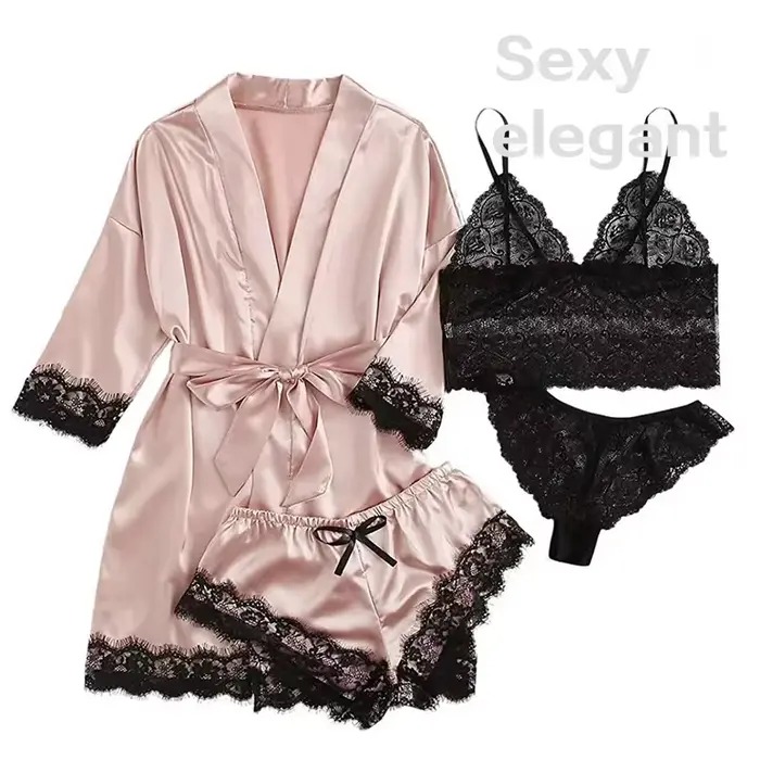 4 pièces femme vêtements de nuit pyjamas Ser avec Robe Sexy dentelle Lingerie peignoir soie Satin maison