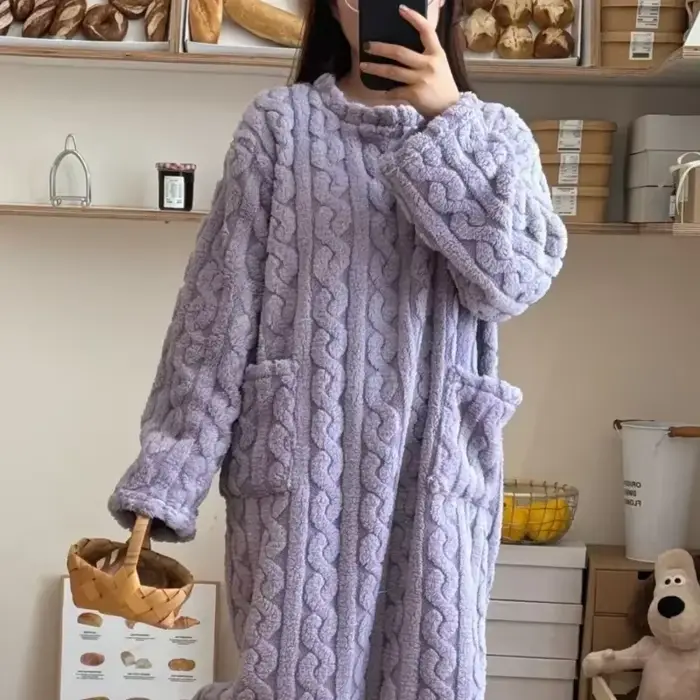 Hiver à manches longues Double poche flanelle chemises de nuit femmes ample solide vêtements