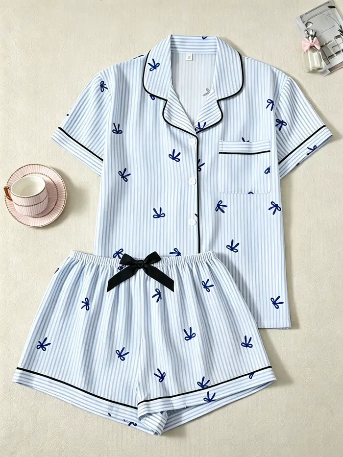Pyjama classique rayé avec imprimé nœud pour femme