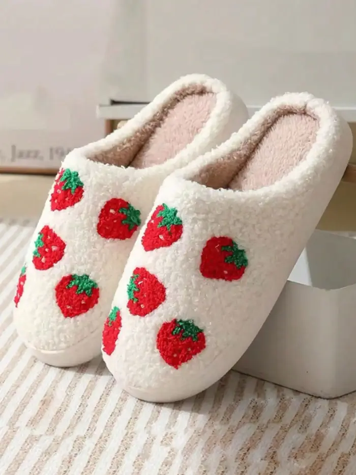 Chaussons en peluche brodés fraises style couple, pantoufles d'intérieur unisexe hiver à semelle épa