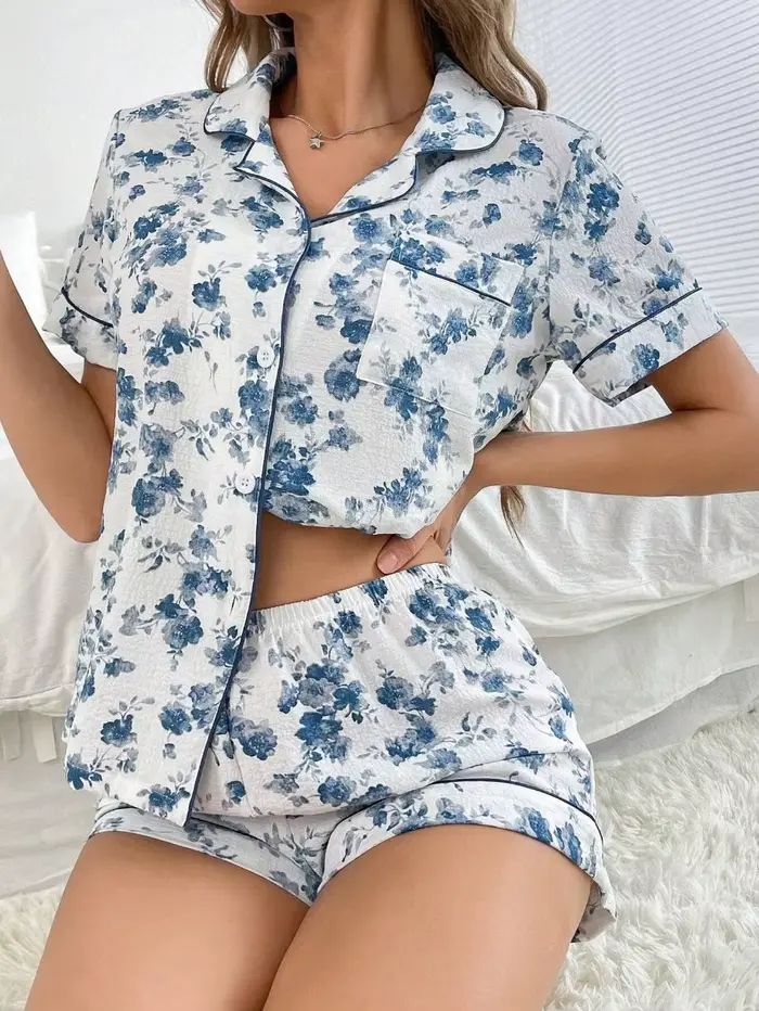 Pyjama pour femmes, ensemble 2 pièces, pyjama d'été, ensemble de pyjamas mignons, chemise à boutons 