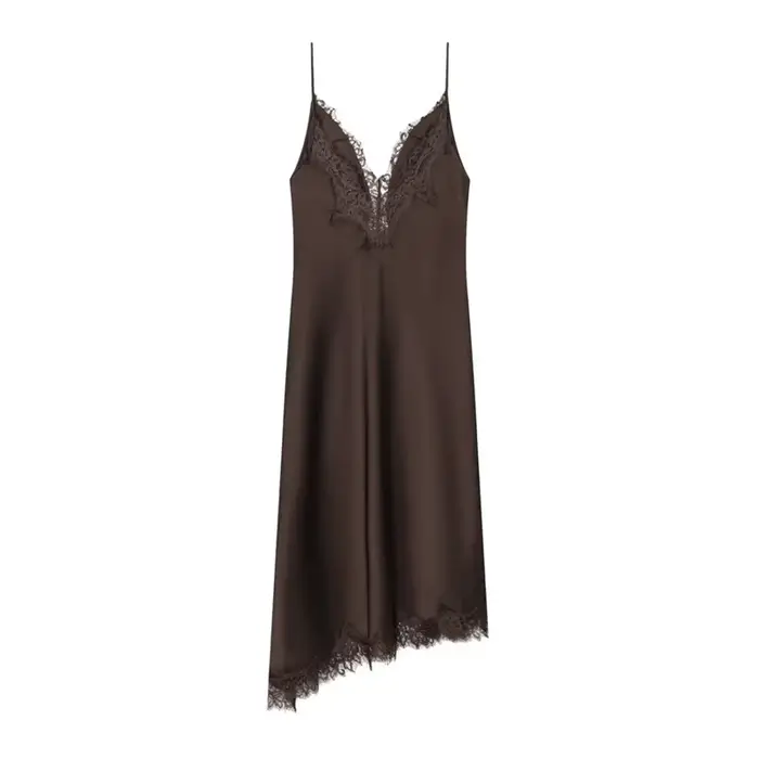 Robe Femme 2026 Nouvelle Collection Printemps-Été en Dentelle et Satin Texturé Marron Asymétrique – 