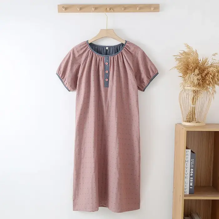 Chemise de nuit en gaze de coton mince pour femmes, chemise de nuit simple, manches courtes, pull à 