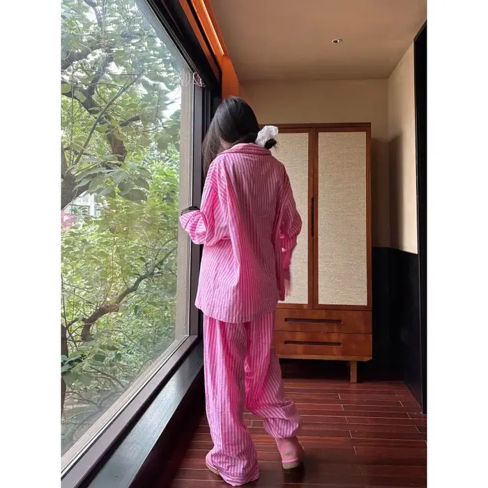 Pyjama rayé rose 2026 pour femme – Nouveauté printemps-automne – Ensemble loungewear à manches longues et pantalon