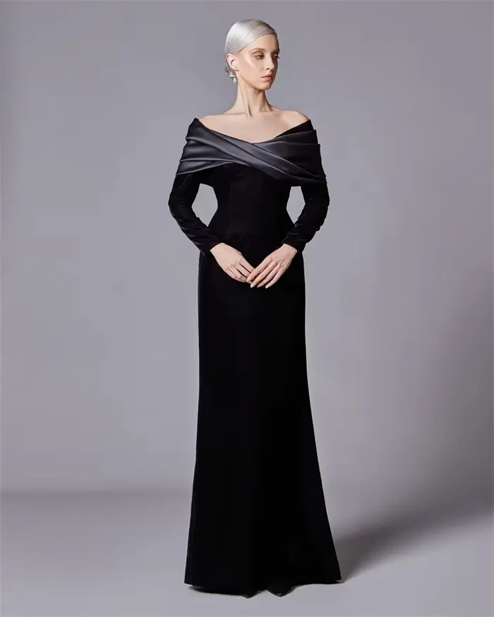 Robe de Rhfroncée en velours noir moderne, robes de soirée cocktail, manches longues, occasion spéci