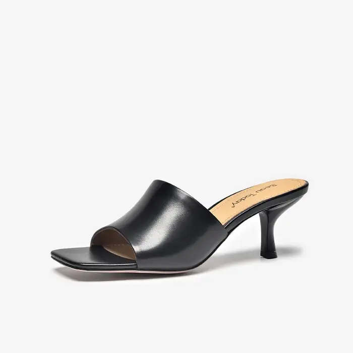 BEAUTODAY pantoufles élégantes femmes en cuir de veau couleur unie bout carré talons fins dames chau