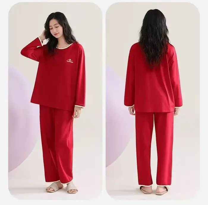 Ensemble de pyjama rouge pour femmes, nouveau, manches longues, pantalon, décontracté, printemps, au