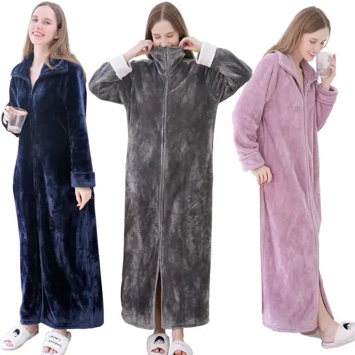 Automne hiver flanelle vestes à glissière pour femmes Couples robe de nuit mode chaud grands revers Kimono allonger