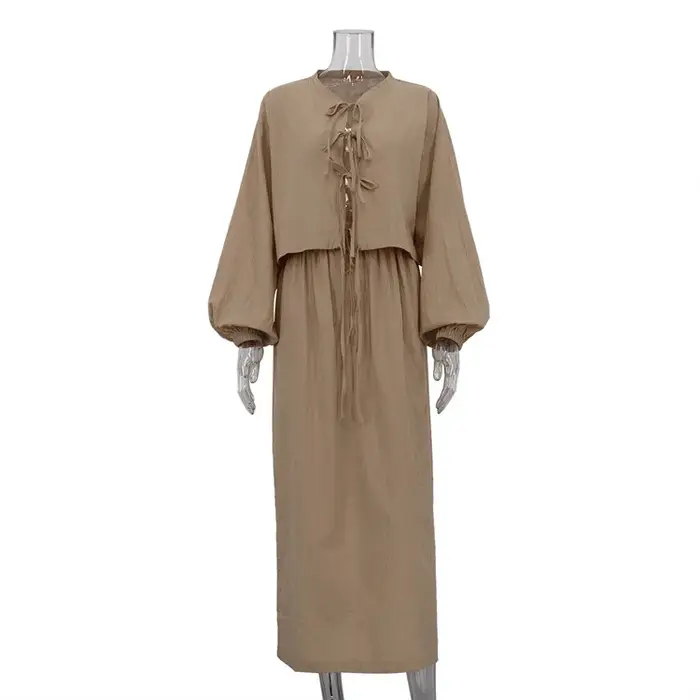 Pyjama en Coton pour Femme, Tenue Décontractée, Chemise à Manches Bouffantes, à Lacets, Jupe Longue