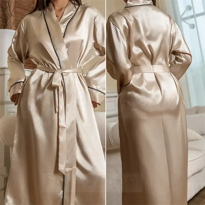 Peignoir Kimono Long en Satin pour Femme, Vêtements de Maison Sexy, Lingerie de Nuit, Printemps et Automne