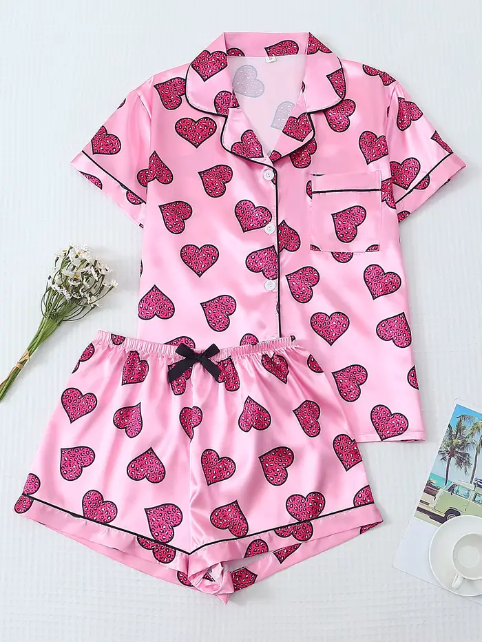 [Saint valentin] Pyjama 2 pièces en satin avec imprimé cœur