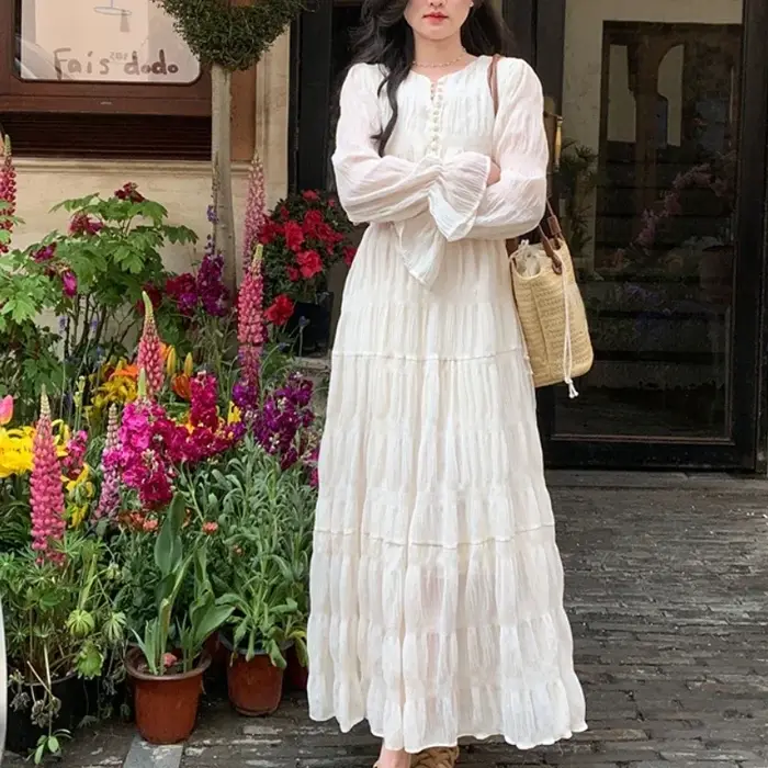 Robe longue plissée à manches évasées pour femmes, robes vintage, mode coréenne, vêtements éducatifs