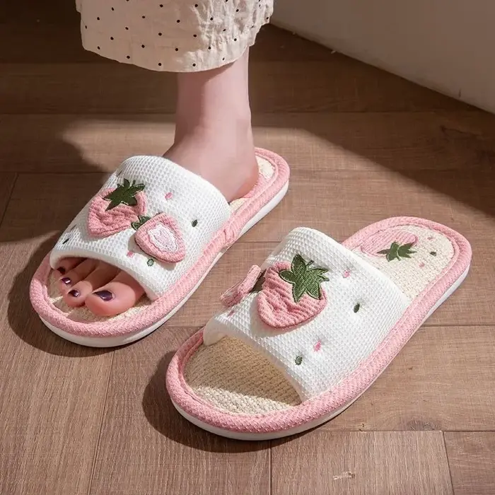 Tige en lin fraise pour fille, semelles souples, pantoufles de sol silencieuses et antidérapantes en ligne avec nœud humain, chaussures scientifiques, sandales