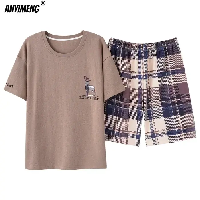 Hommes grande taille vêtements de salon mode coton pyjamas été court Pj ensemble kaki cerf imprimé élégant Plaid Homewear 3xl 4xl vêtements de nuit