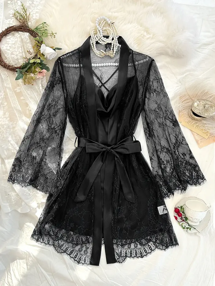 Ensemble de pyjama 2 pièces en dentelle pour femme, comprenant une robe de chambre transparente en d