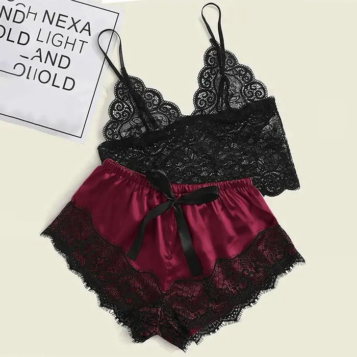 1 ensemble de pyjamas femmes déshabillé en dentelle Lingerie hauts courts et shorts nuisette pyjamas
