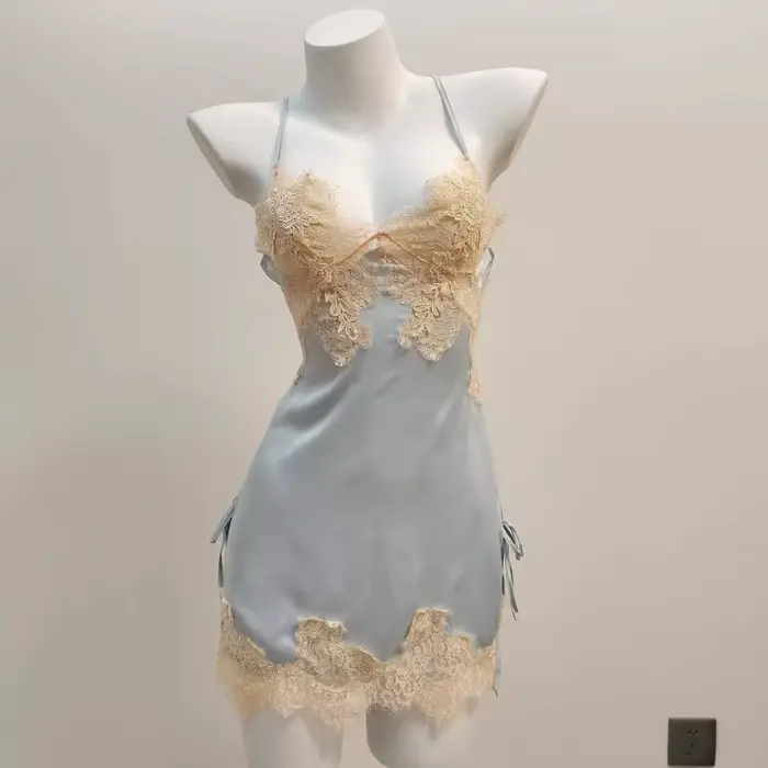 Pyjamas sexy pour femmes vêtements de nuit dentelle de soie glacée beau dos jarretelle pyjama robe