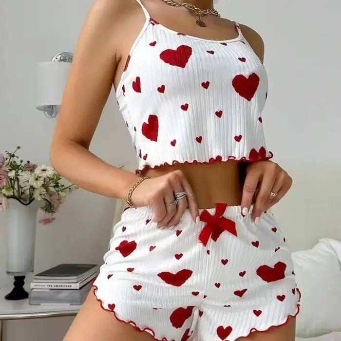 Ensemble de pyjama confortable pour femme, motif cœur, tenue d'intérieur d'été, deux pièces, caraco