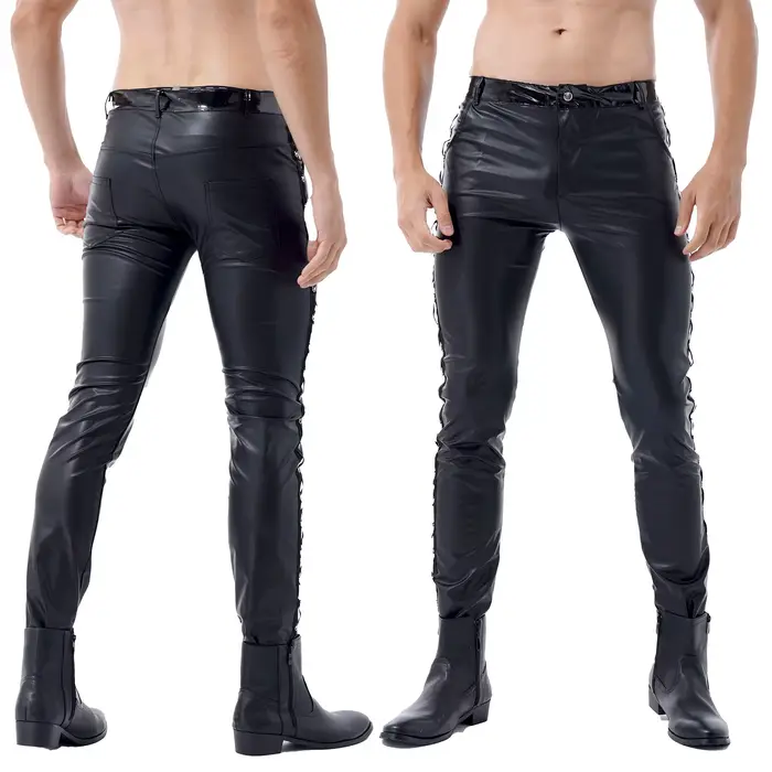 Pantalon Long en Latex pour hommes, brillant, aspect mouillé, en cuir PU, brillant, taille moyenne, 
