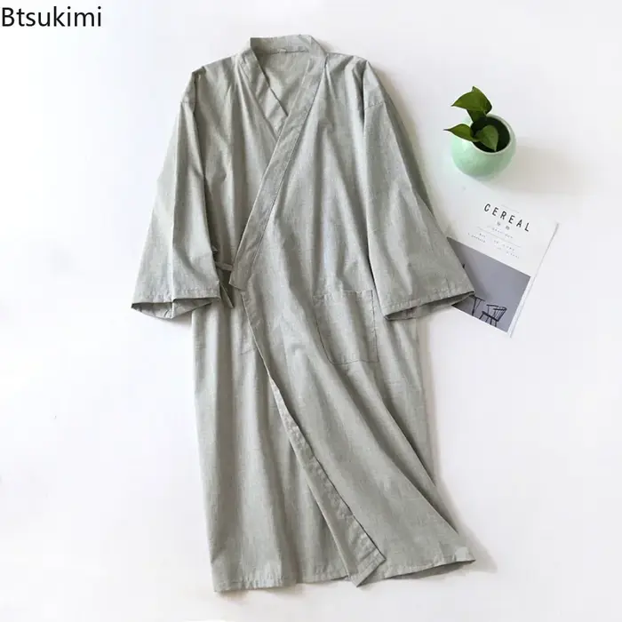 Peignoir Kimono Homme 2026 en Coton Double Gaze Rayé 100%