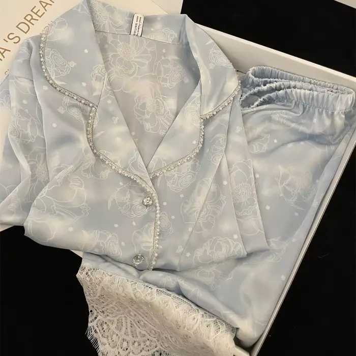 Soie deux pièces dames ensemble Pijama automne Floral à manches longues boutonné haut et pantalon vêtements de nuit