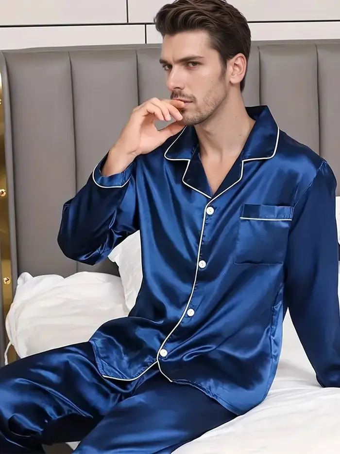 Ensemble pyjama en Satin pour hommes, haut à revers à manches courtes et pantalon élastique, Texture