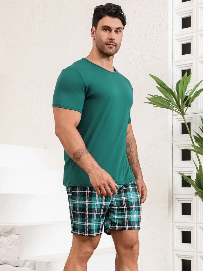 Ensemble pyjama à carreaux pour hommes, col rond, haut à manches courtes et Short élastique, tissu d